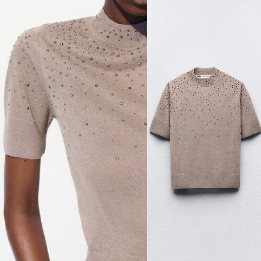 Zara Beige Embellished Short Sleeve Top